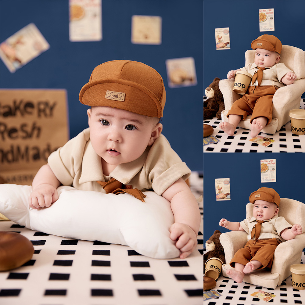 Photography Simulator - 100-Tage-Baby-Meilenstein-Fotografie-Requisiten: Niedliches Baseball-Jungen-Kostüm-Set, Bärenpuppe, Simulationsbrot-Requisiten für