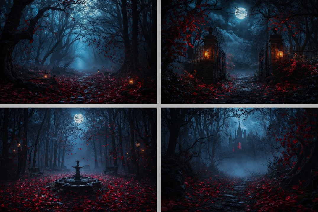 Photography Dark Cloth - Dunkler Wald, Mondlicht, rote Blätter, gotische,